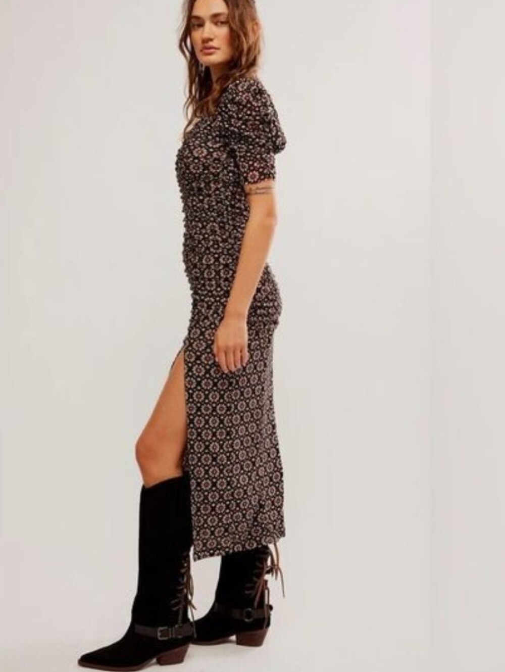 Free People Briella Midi Dress - Black with Cream Print (Flaw) - Picture 3 of 6